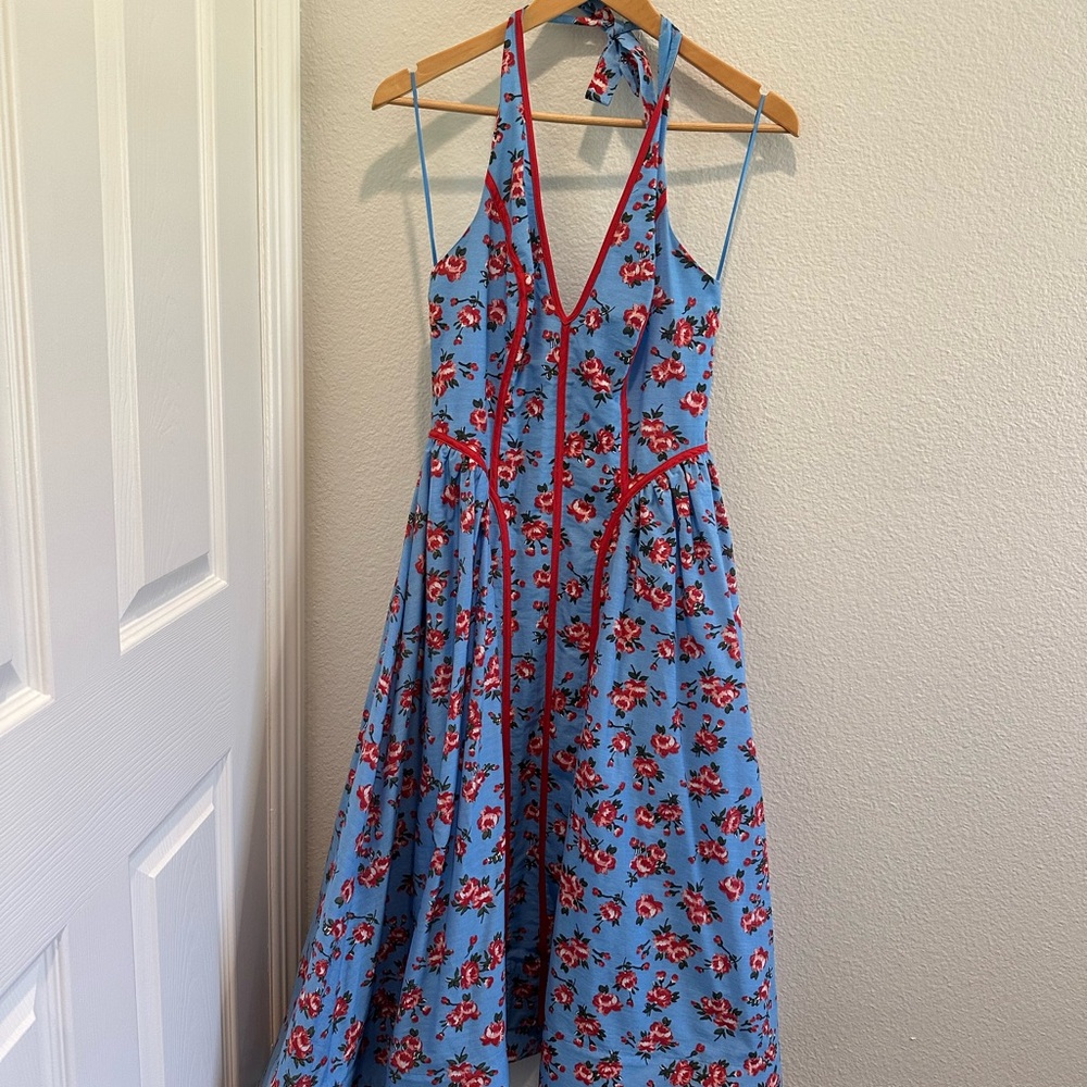 Anthropologie Blue and Red Floral Backless Dress